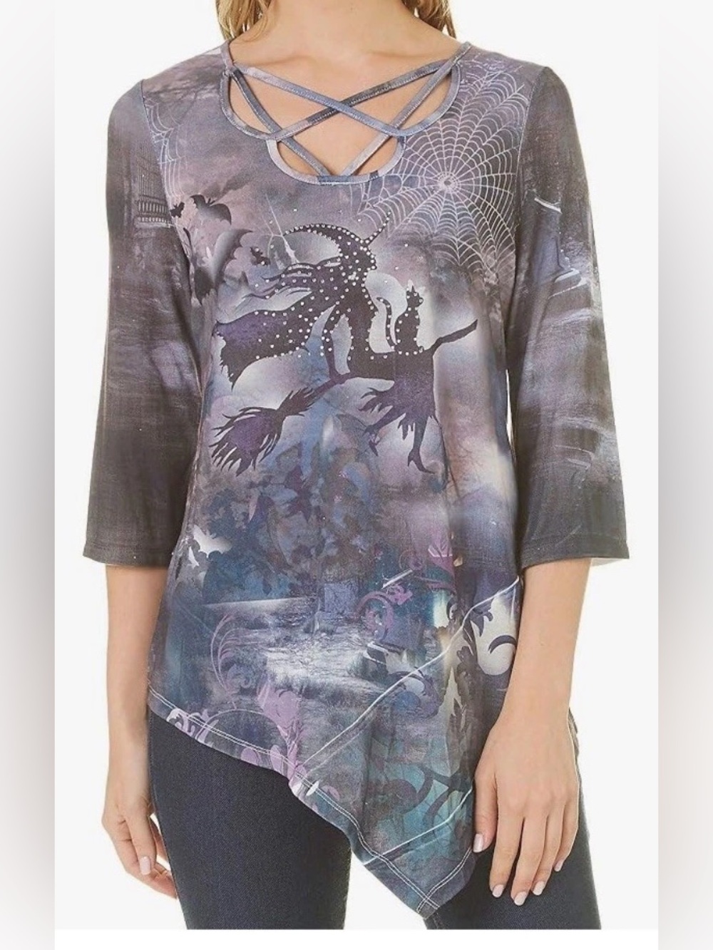 ONE WORLD Purple Graphic Crisscross Neck Asymmetric Tunic